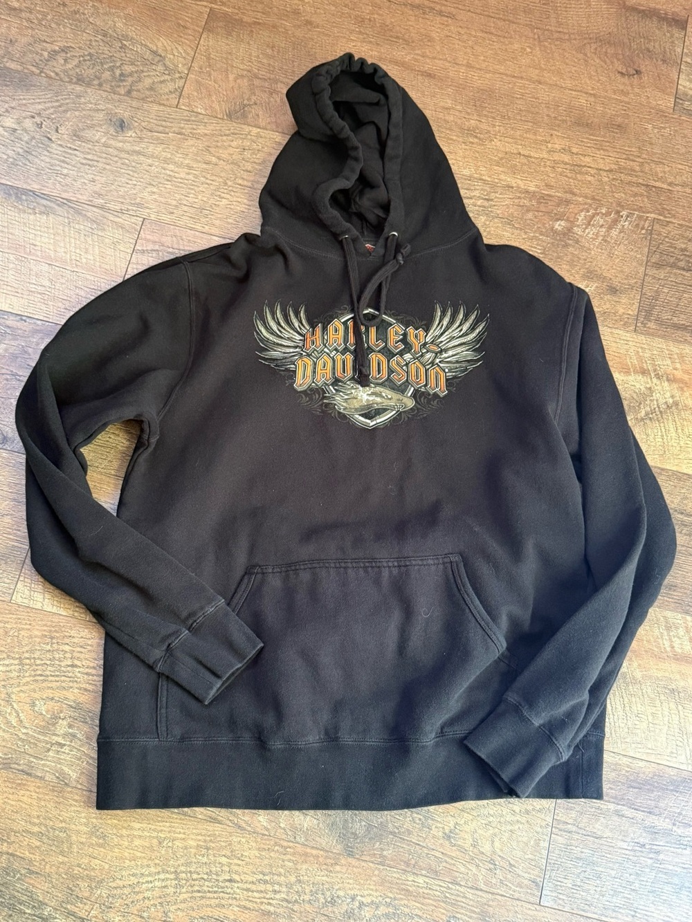 Harley-Davidson Black Hoodie with Winged Logo and Orange Accents